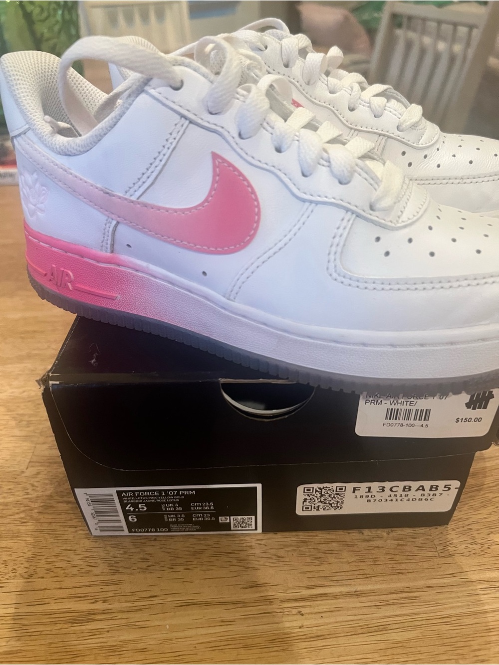 Nike Air Force 1 07 PRM White Sneakers lotus pink with Pink Swoosh and Pink 4.5